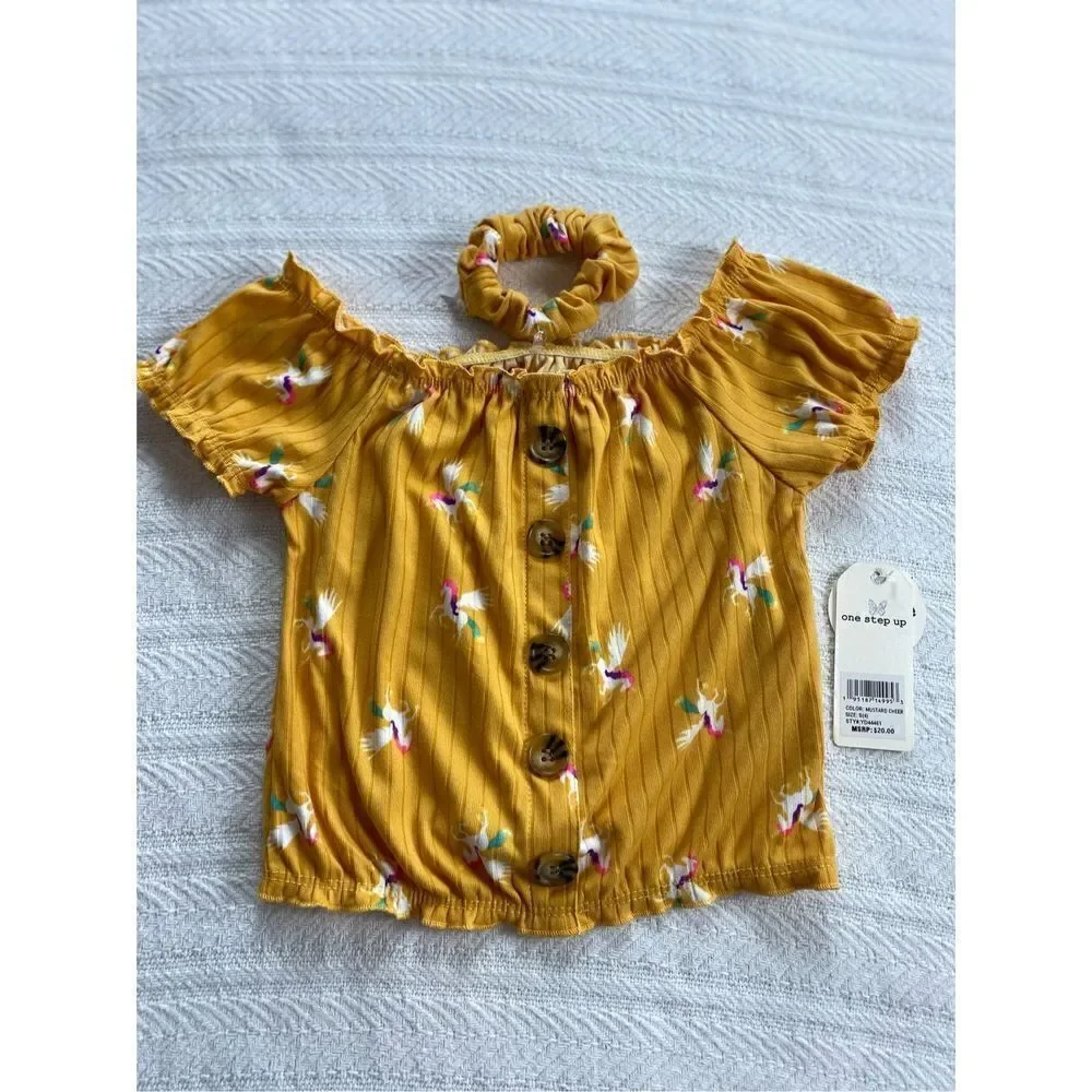 ONE STEP UP Girl’s Small (4) Mustard/Unicorn Top with Matching Scrunchie